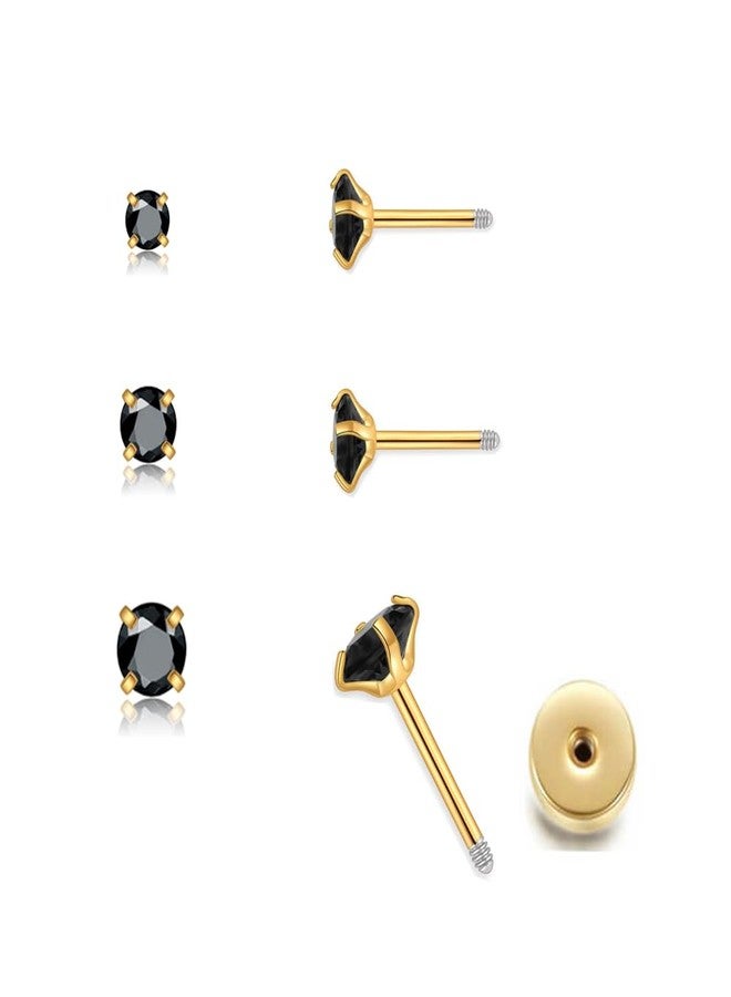 Renkovte 3Pairs CZ Stud Flat Screw Back Earrings for Women Multiple Piercing,Dainty Flatback Cubic Zirconia Cartilage Earring Stud,Helix Tragus Conch Piercing Jewelry (2mm/3mm/4mm Gold, Black CZ) - Image 1